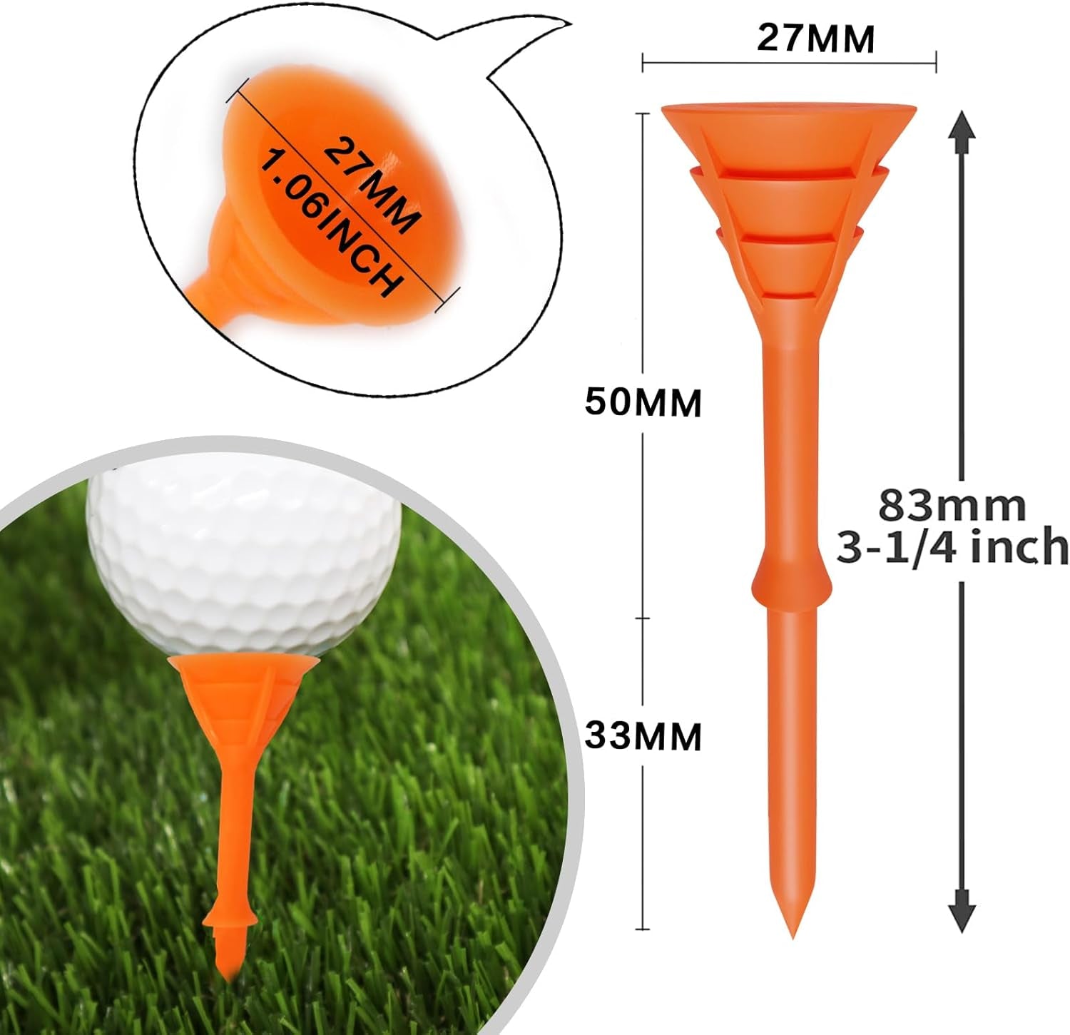 Golf Tees Plastic 3 1/4 Inch Upgrade Unbreakable Bulk Value 30/50 Pack Reduce Friction Side Spin Durable Stable 83Mm Long Tee for Golfer Practice