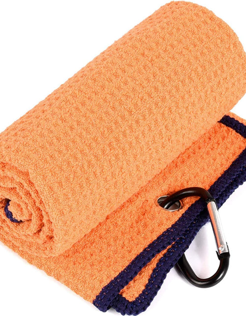 Load image into Gallery viewer, Golf Towels, Microfiber Waffle Pattern Tri-Fold Golf Towel - Brush Tool Kit with Club Groove Cleaner, with Clip Men Women Golf Gifts (Orange Towel+Black Brush)
