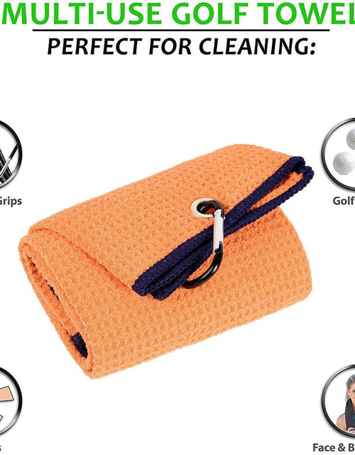 Load image into Gallery viewer, Golf Towels, Microfiber Waffle Pattern Tri-Fold Golf Towel - Brush Tool Kit with Club Groove Cleaner, with Clip Men Women Golf Gifts (Orange Towel+Black Brush)
